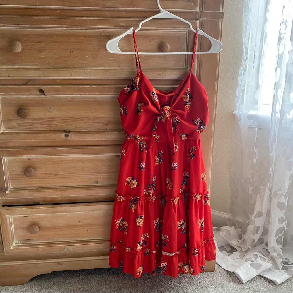 RED floral adjustable spaghetti strap sun dress with ruffles and tie at top